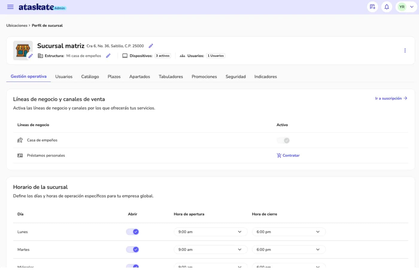 Admin de ataskate: perfil de sucursal con líneas de negocio, horarios y usuarios
