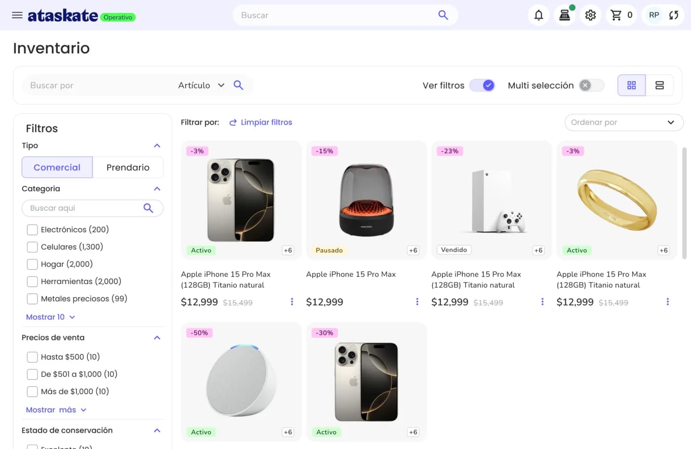 Inventario comercial de ataskate con artículos, filtros y precios de venta